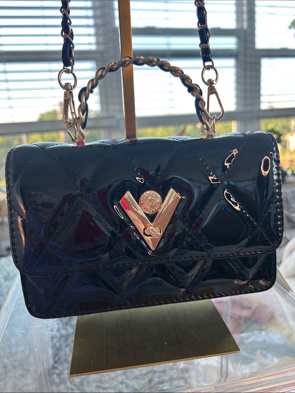 Valentino Orlandi Glossy Black Quilted Mini Bag with Chain 6.5”x 2.75”x 5” NWT